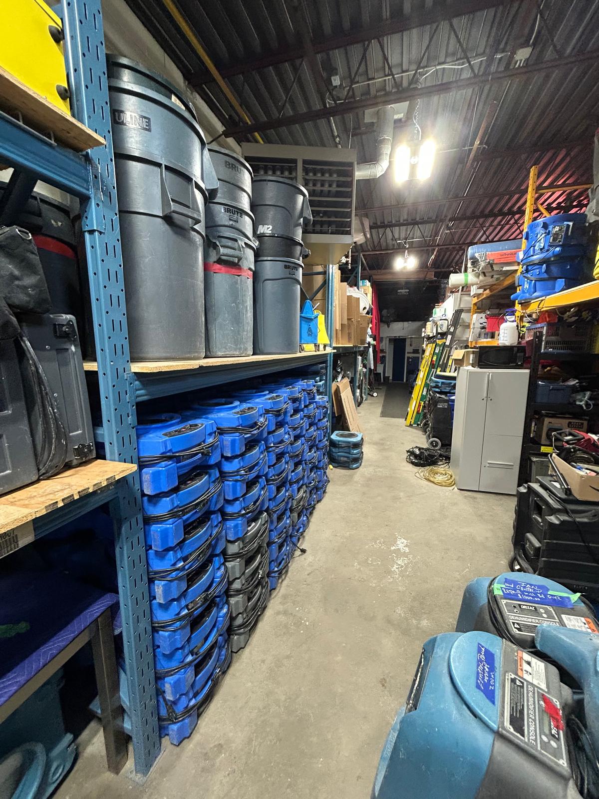 Large inventory of water damage drying equipment — emergency restoration services Caspian Building Services